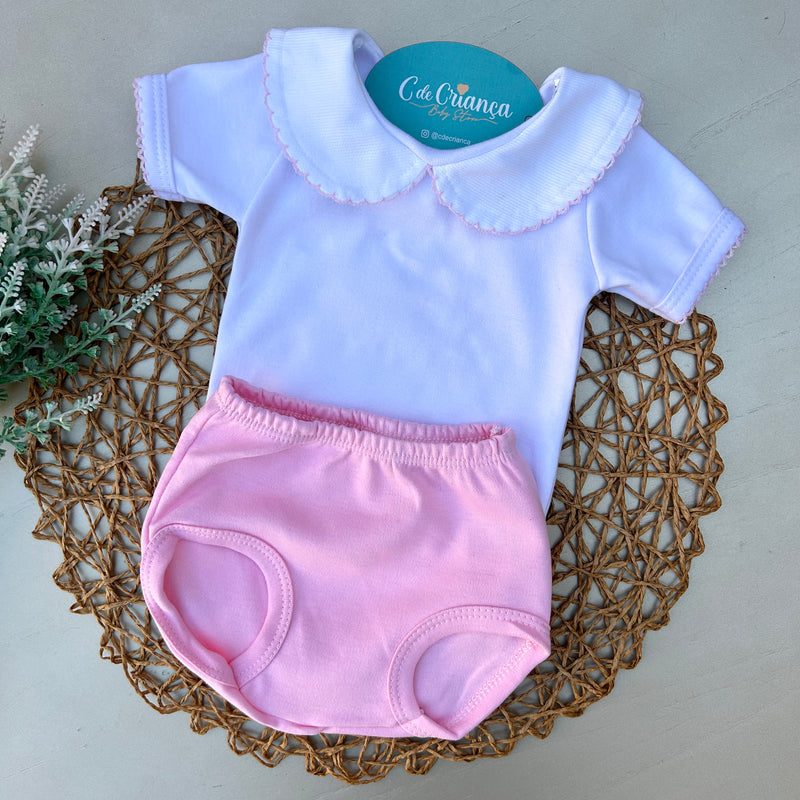 Body Picueta Manga Custa e Mijão Rosa Bebê