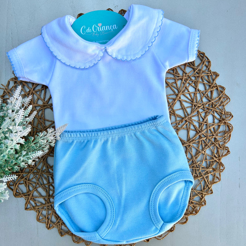 Body Picueta Manga Curta e Tapa Fralda Marinho Azul Bebê