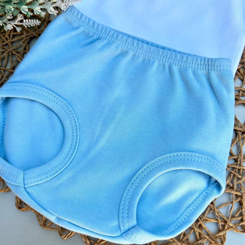 Body Picueta Manga Curta e Tapa Fralda Marinho Azul Bebê