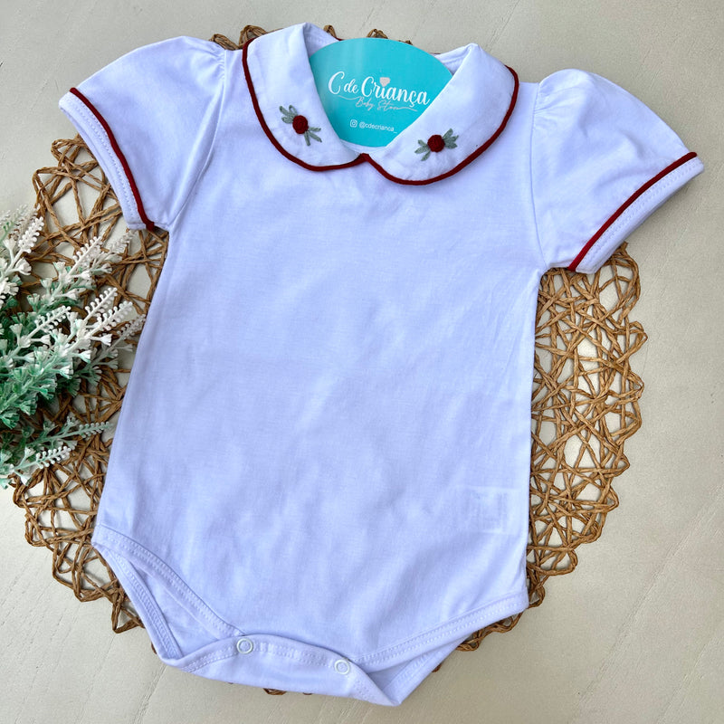 Body Branco Manga Curta -Rococó vermelho