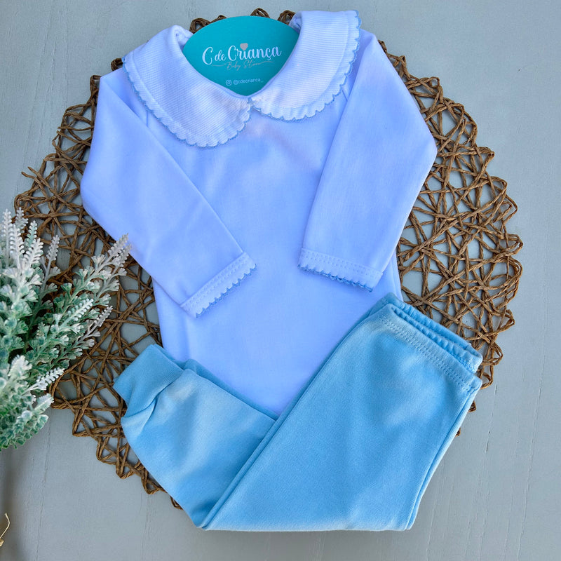 Body Picueta Manga Longa e Mijão Azul Bebê