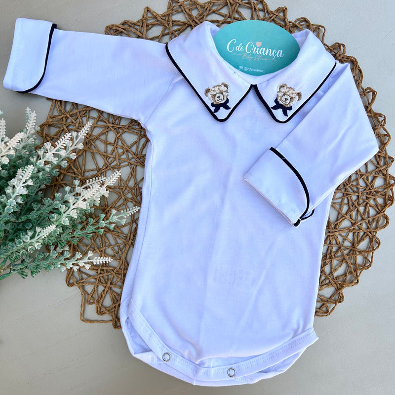 Body Branco Manga Virada - Urso Gravata Marinho