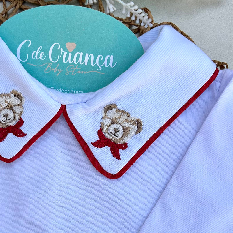 Body Branco Gola V - Urso Gravata Vermelha
