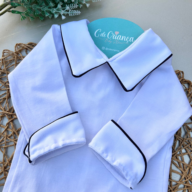 Body Branco - Viés Azul Marinho