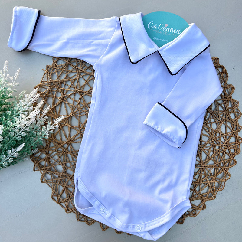 Body Branco - Viés Azul Marinho