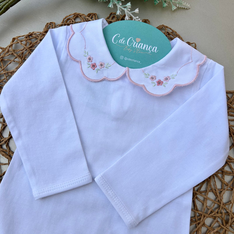 Body Branco - Bordado Flor Rosa