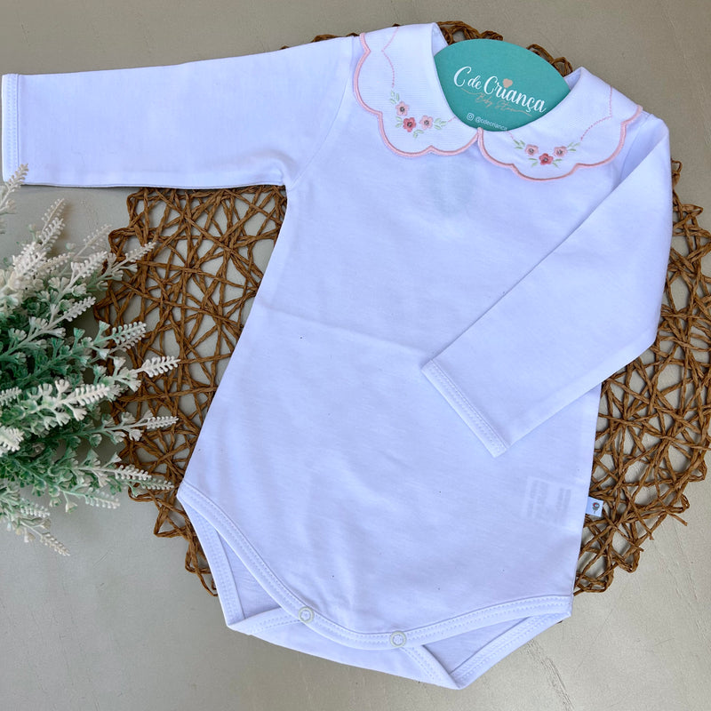 Body Branco - Bordado Flor Rosa