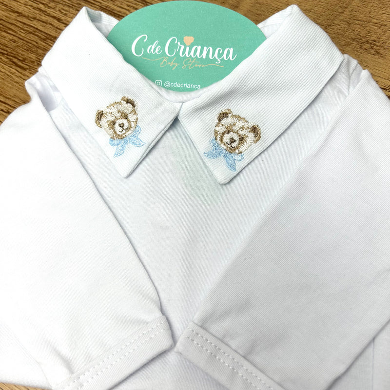 Body Branco Gola V - Urso Gravata Azul Bebê