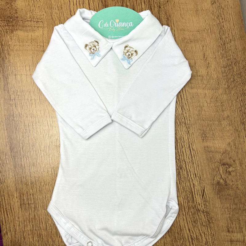 Body Branco Gola V - Urso Gravata Azul Bebê