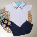 Conj Body, Mijão Azul Marinho e Sapatinho com prendedor de chupeta- Urso