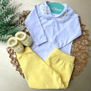 Conj Body Rococó Colorido; Mijão Amarelo e Sapatinho com rococó Amarelo