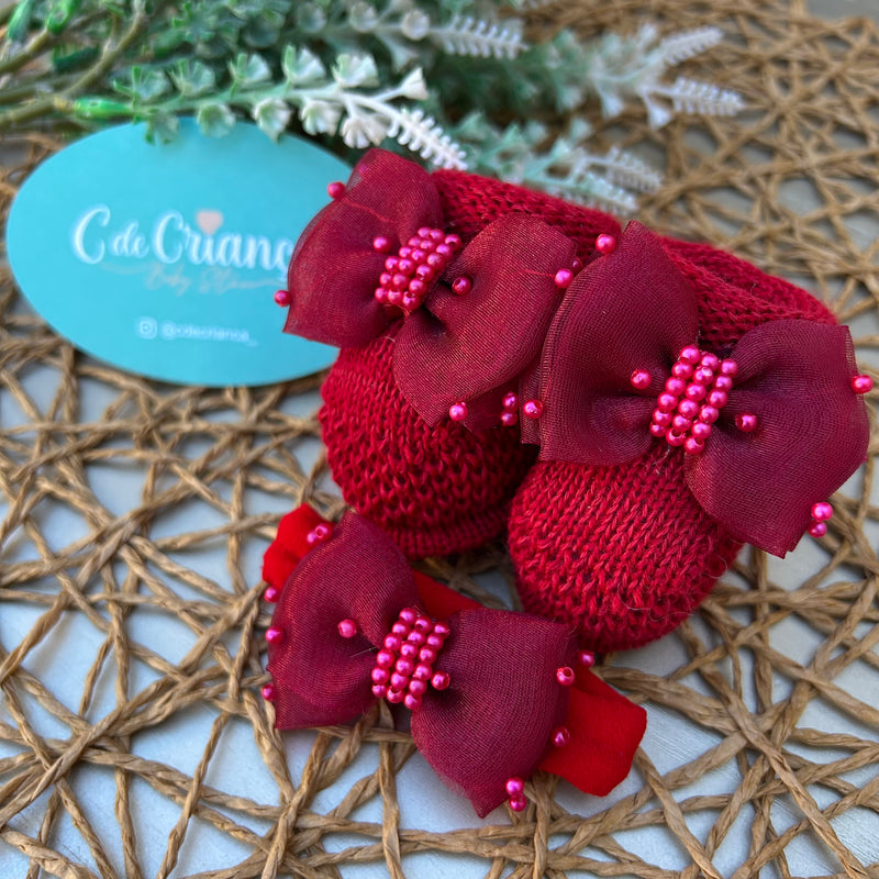 Sapatinho e Faixa Vermelho Laço e Pérolas