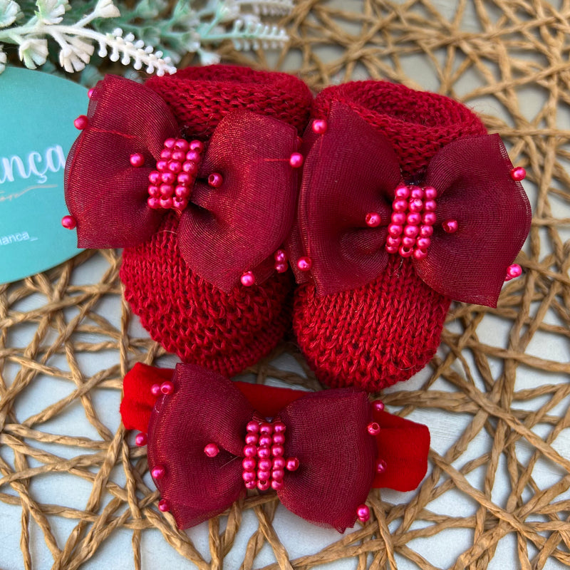 Sapatinho e Faixa Vermelho Laço e Pérolas